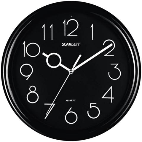 Офисные часы настенные SCARLETT SC-09B круглые, 25.5x25.5x4.6см, черный циферблат, черная рамка
