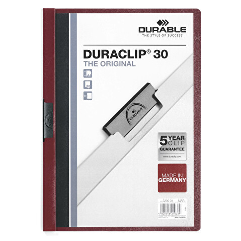 Папка с клипом DURABLE Duraclip 2200-31, А4, пластик, до 30 листов, т.-красная