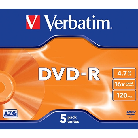 Записываемый DVD-диск DVD-R VERBATIM 4.7ГБ, 16x,  5шт/уп, Jewel Case, (43519)