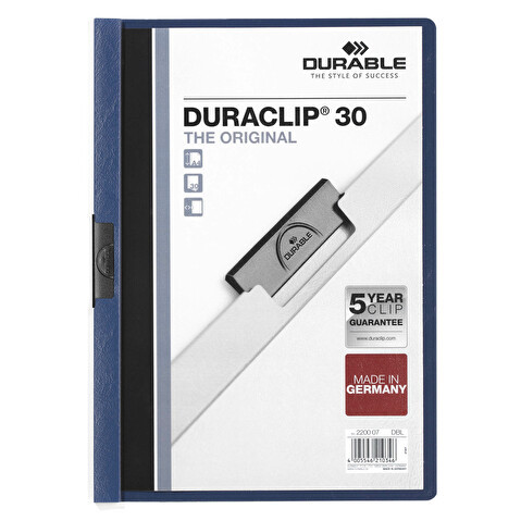 Папка с клипом DURABLE Duraclip 2200-07, А4, пластик, до 30 листов, т.-синяя