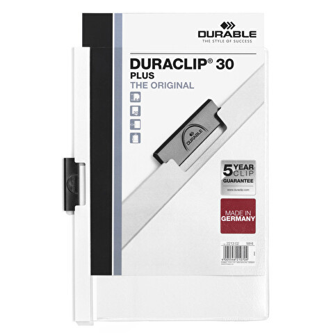 Папка с клипом DURABLE Duraclip Plus 2213-02, А4, пластик, до 30 листов, белая