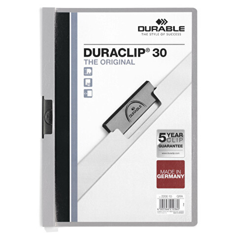 Папка с клипом DURABLE Duraclip 2200-10, А4, пластик, до 30 листов, серая